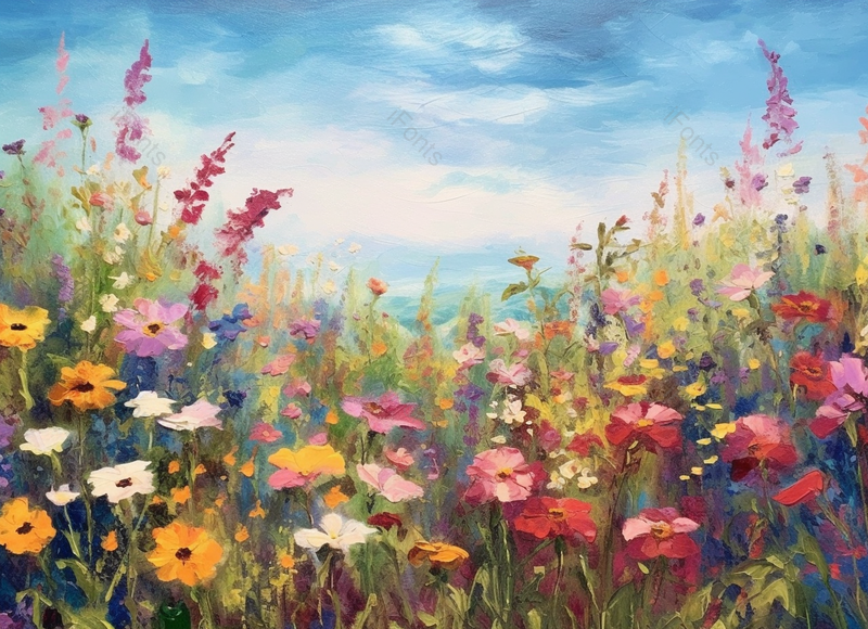 蓝天白云下五颜六色茂盛的野花花簇花朵盛,插画/手绘图,插画/手绘图库,插画/手绘图下载,插画/手绘